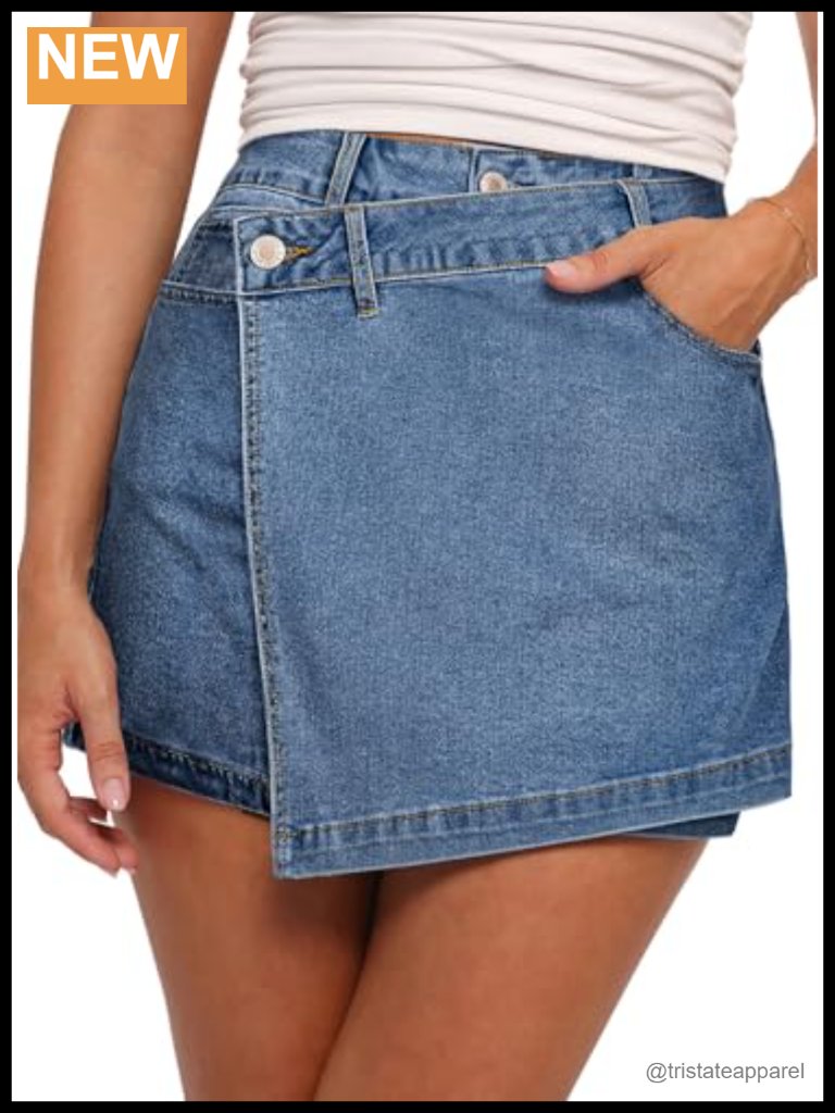 High Waisted Jean Skort Wrap Asymmetrical Denim Skorts Casual Shorts
